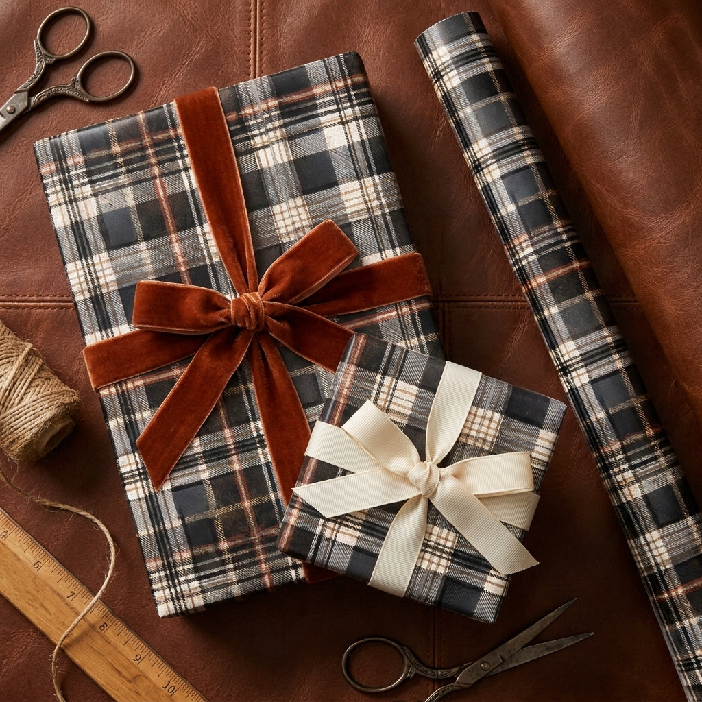 Rustic plaid wrapping paper on holiday gifts with velvet bows by Wrapped Studios.