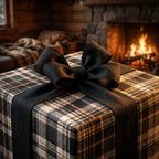 Rustic plaid wrapping paper with a black bow by a cozy fireplace, Christmas gift wrap by Wrapped Studios.