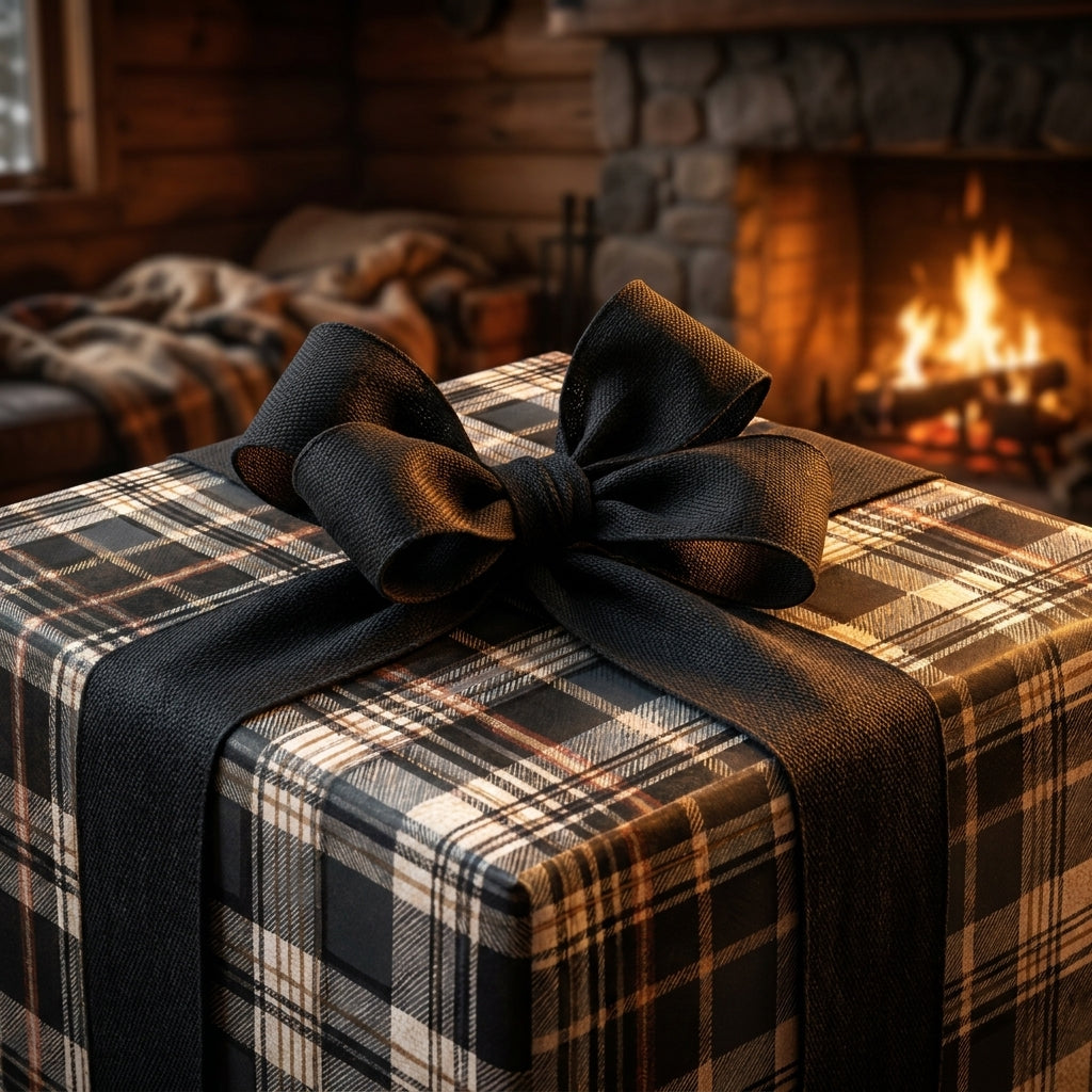 Rustic plaid wrapping paper with a black bow by a cozy fireplace, Christmas gift wrap by Wrapped Studios.