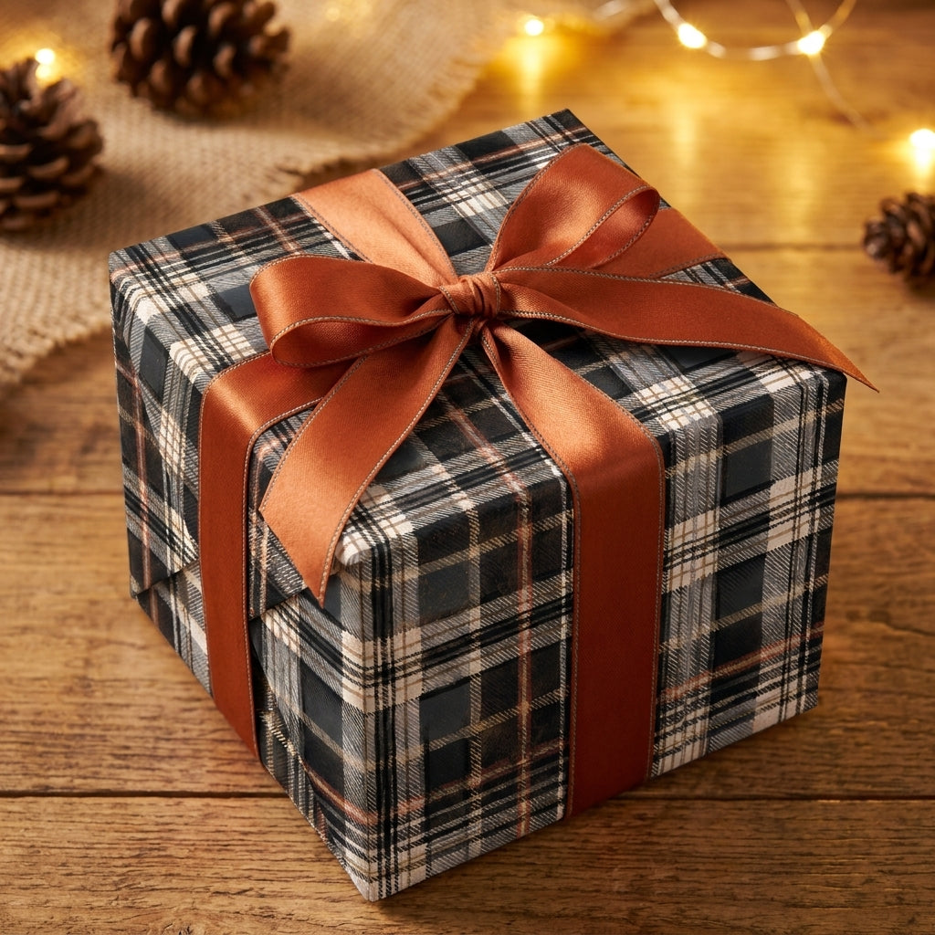 Rustic black and cream plaid wrapping paper with a copper bow by Wrapped Studios.