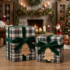 Rustic plaid Christmas wrapping paper with green velvet bows by a cozy fireplace, from Wrapped Studios.
