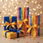 Assorted gifts wrapped in colorful, striped paper and solid blues/yellows, tied with ribbon bows on a gold confetti table.