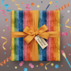 Colorful rainbow striped wrapping paper with orange ribbon and confetti, perfect for a birthday gift.