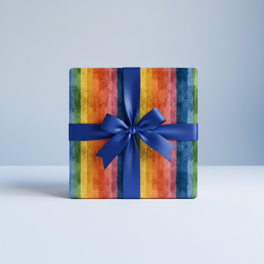 Square gift wrapped in colorful striped paper with a blue satin ribbon and bow.