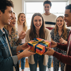 Friends exchanging a gift wrapped in colorful striped birthday wrapping paper with ribbon.