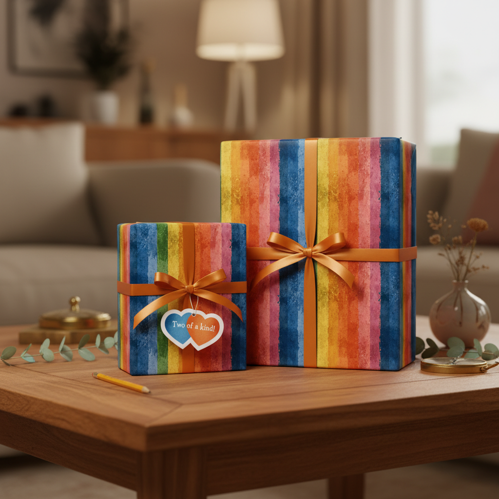 Rainbow striped wrapping paper on gifts with orange ribbon in neutral living room setting.