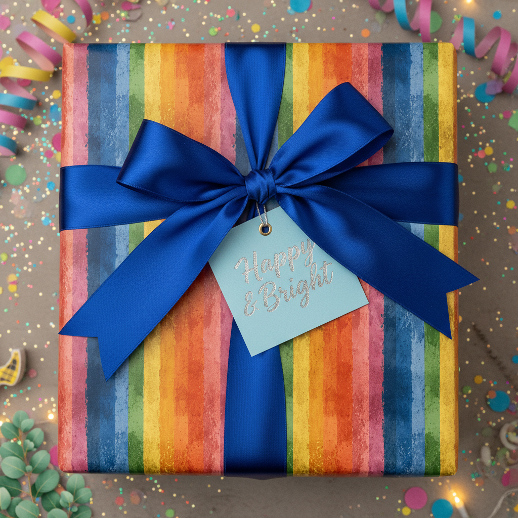 Rainbow striped wrapping paper with blue satin ribbon and "Happy & Bright" gift tag.