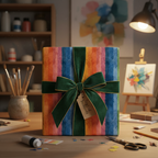 Striped rainbow wrapping paper with velvet green ribbon for a cheerful gift.