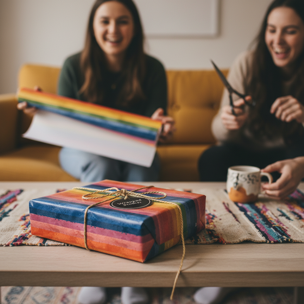 Stylish rainbow striped wrapping paper on a gift with twine bow, women celebrating in background.