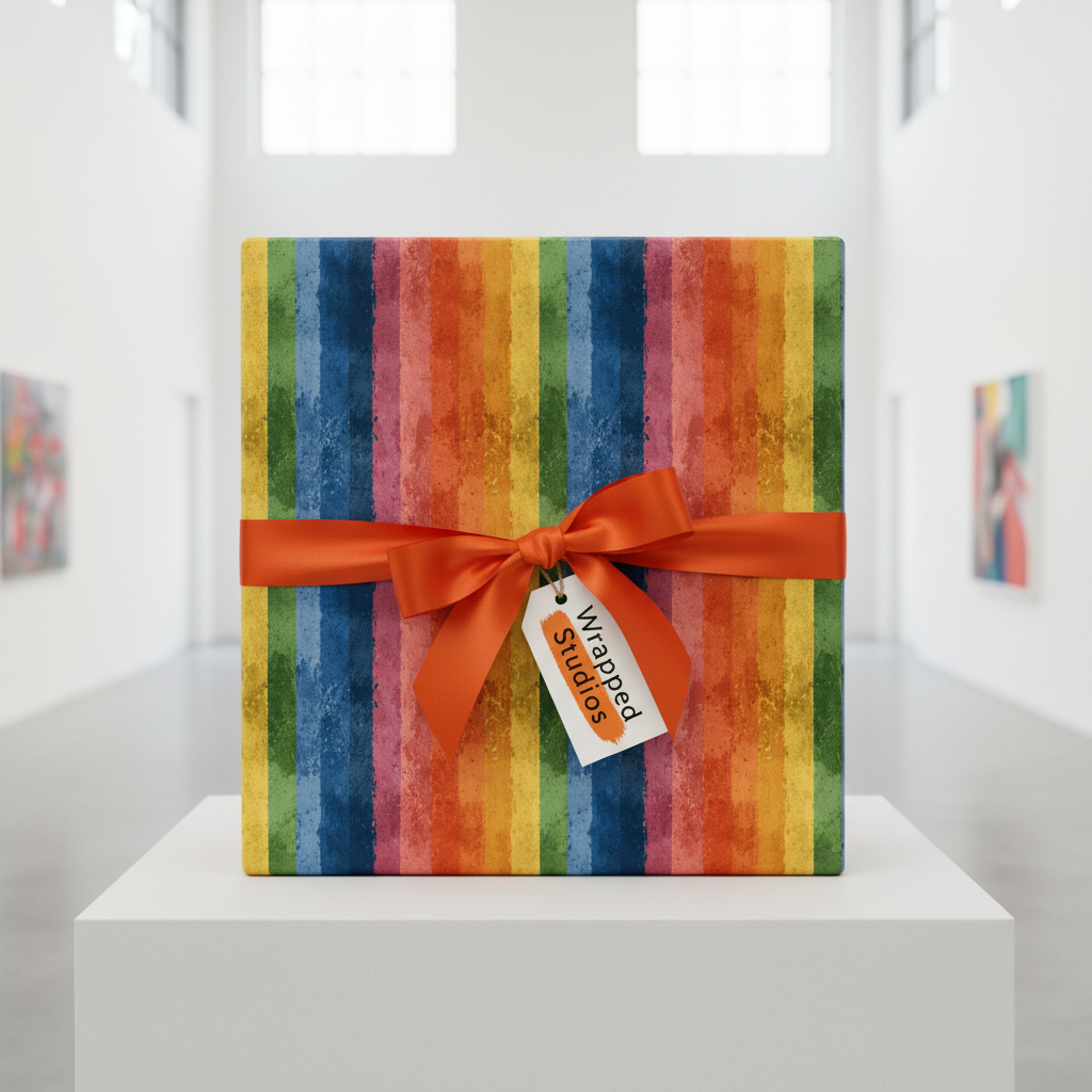 Square gift wrapped in colorful striped wrapping paper with orange satin ribbon and bow.