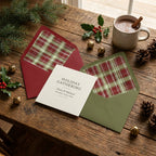 Rustic red and green plaid Christmas envelope liners and holiday invitation by Wrapped Studios.