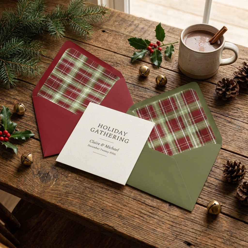 Rustic red and green plaid Christmas envelope liners and holiday invitation by Wrapped Studios.