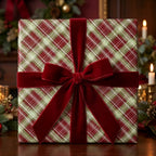 Red and green plaid Christmas wrapping paper with a luxury velvet bow by Wrapped Studios.