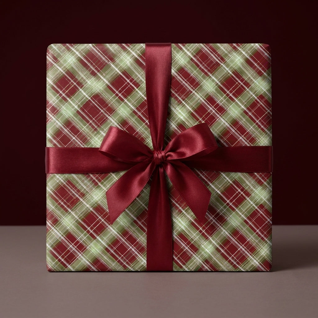Red and green plaid Christmas gift wrap with a satin bow, by Wrapped Studios.