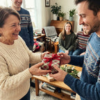 Family sharing a holiday present wrapped in green plaid Christmas gift wrap by Wrapped Studios.