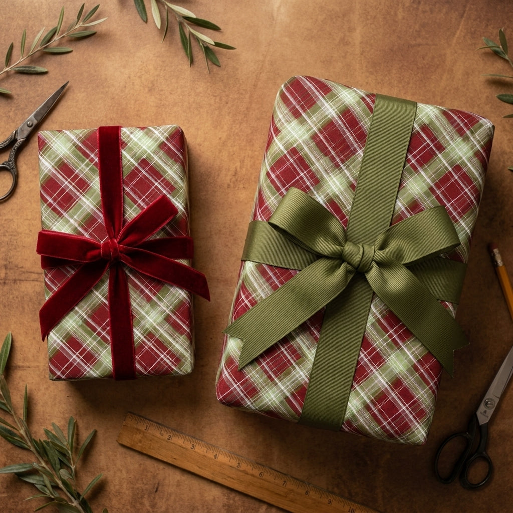 Rustic red and green plaid Christmas wrapping paper with velvet and grosgrain bows by Wrapped Studios.