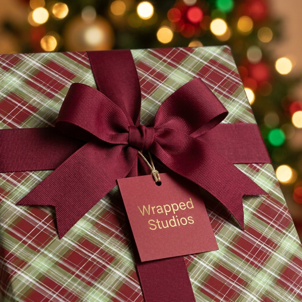 Plaid Christmas wrapping paper with a burgundy bow by Wrapped Studios, set against cozy holiday lights.