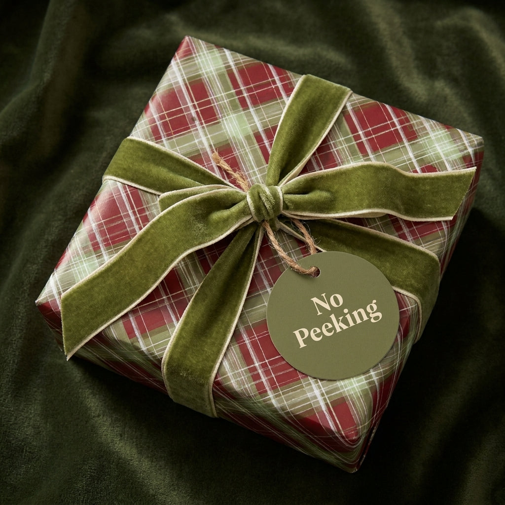 Luxury plaid Christmas gift wrap with a green velvet bow and 'No Peeking' tag by Wrapped Studios.