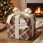 Rustic plaid Christmas wrapping paper with cream ribbon by Wrapped Studios in cozy holiday scene.