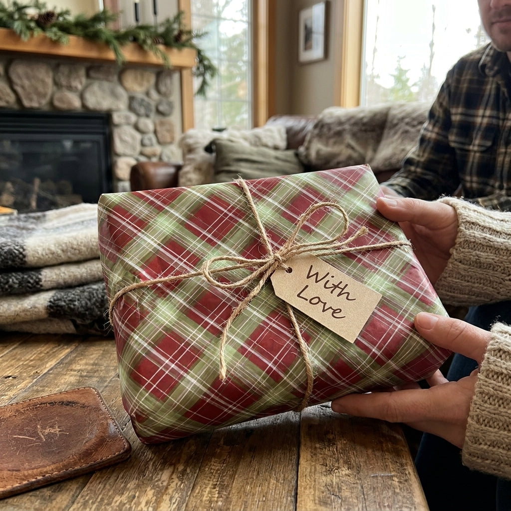 Hands holding a gift in red and green plaid Christmas wrapping paper with a twine bow by Wrapped Studios.