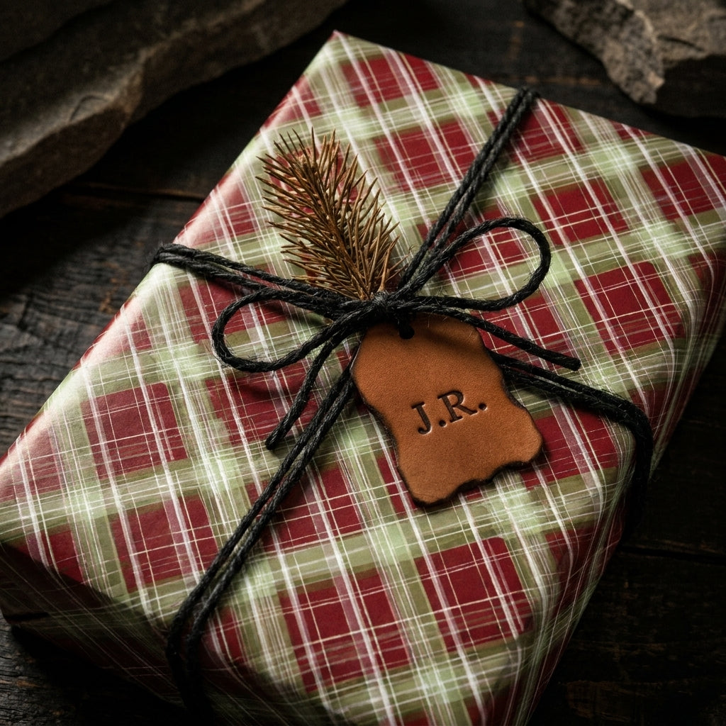 Rustic red and green plaid Christmas wrapping paper with a leather tag, by Wrapped Studios.