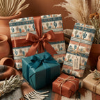 Southwestern desert cactus wrapping paper on boho gift boxes with terracotta ribbon by Wrapped Studios.