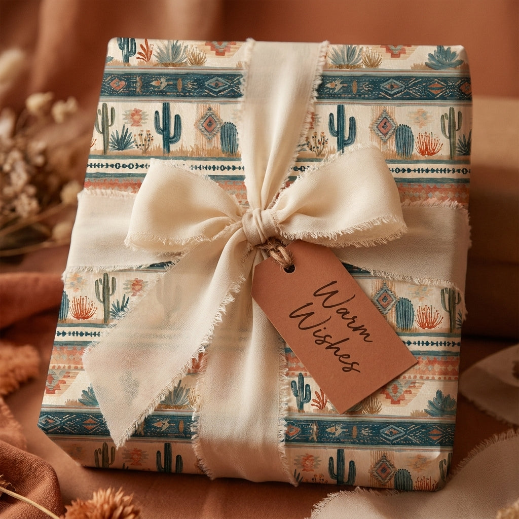 Southwestern cactus wrapping paper with cream ribbon and Warm Wishes tag by Wrapped Studios.