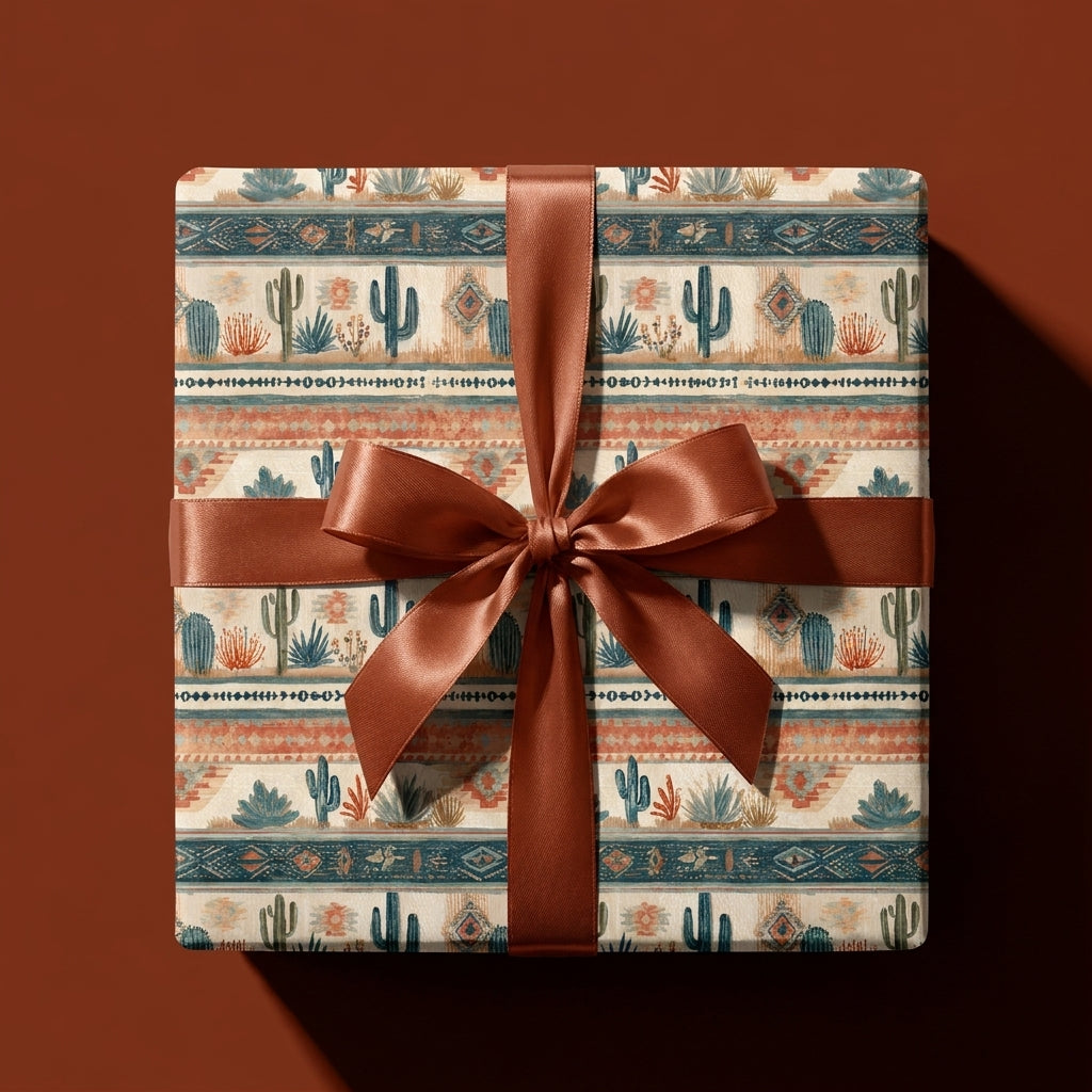 Southwestern cactus wrapping paper with a terracotta satin bow by Wrapped Studios.