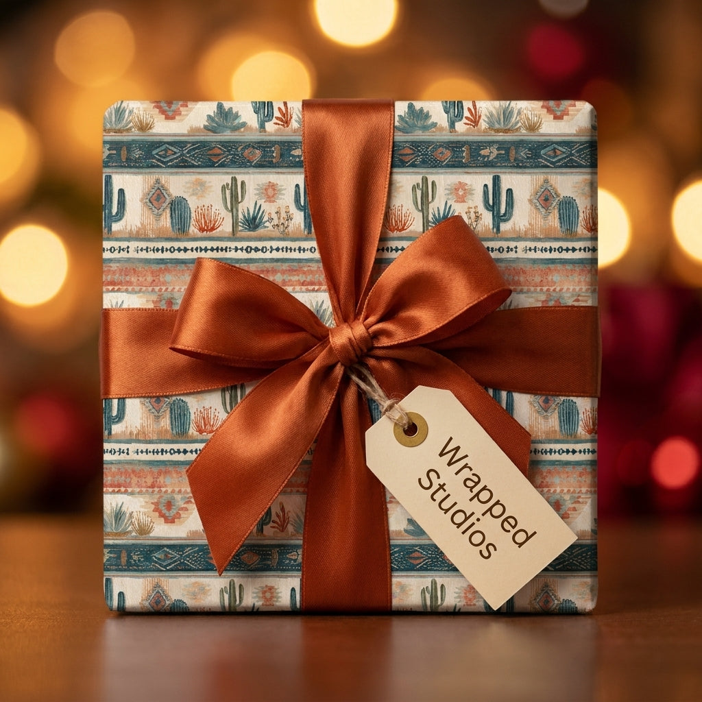 Southwestern cactus wrapping paper by Wrapped Studios on a gift box with a rust satin bow.