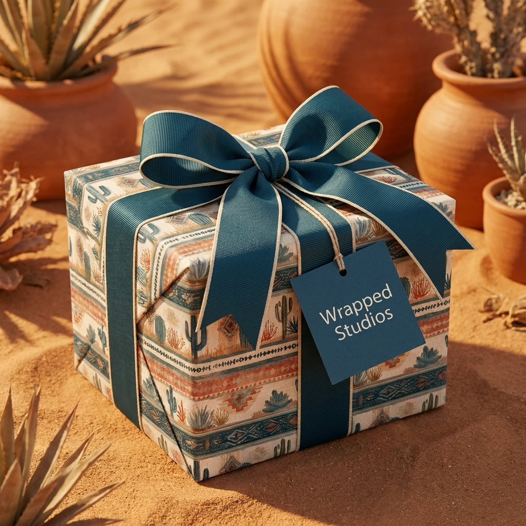 Southwest cactus wrapping paper with a teal ribbon and Wrapped Studios tag in a desert setting.