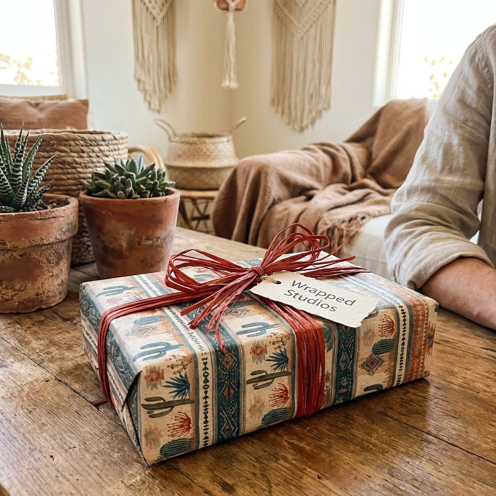 Rustic cactus wrapping paper in a southwest design with a red raffia bow, by Wrapped Studios.