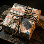 Rustic western wrapping paper with cactus print, jute twine bow, and metal tag by Wrapped Studios.