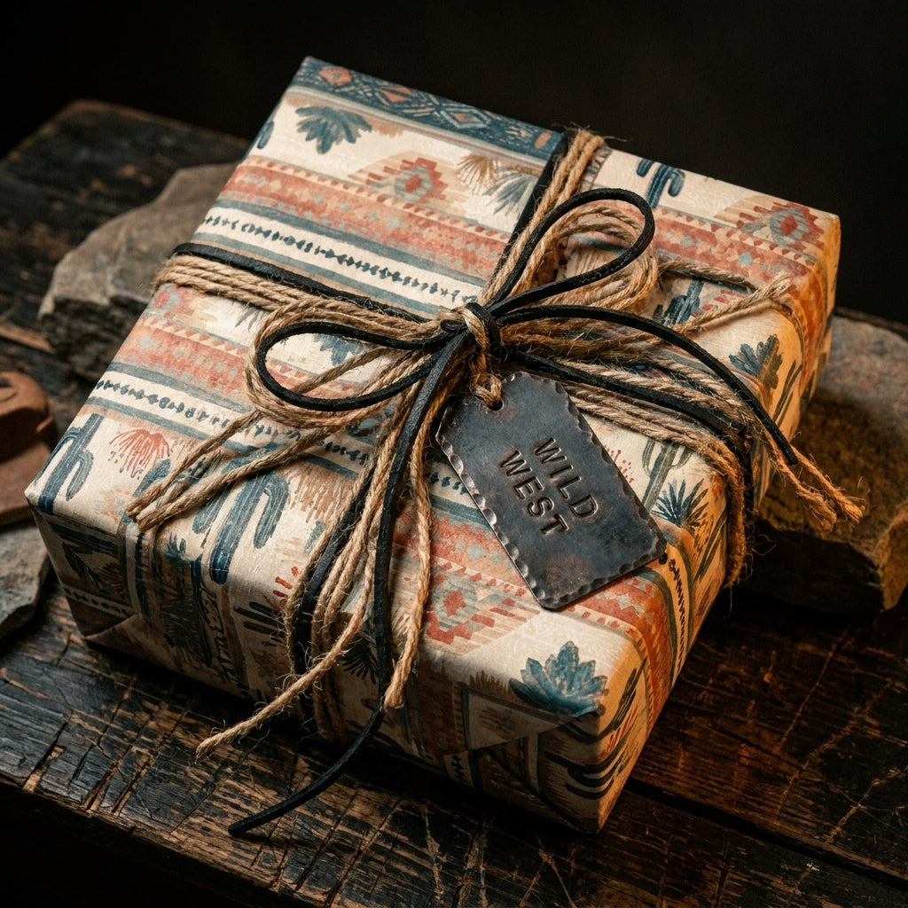 Rustic western wrapping paper with cactus print, jute twine bow, and metal tag by Wrapped Studios.