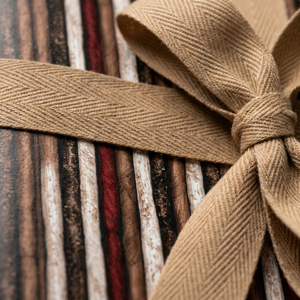 Vintage striped Christmas gift wrap with a rustic beige herringbone ribbon bow by Wrapped Studios.