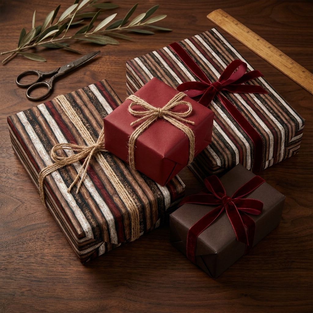 Rustic Christmas wrapping paper in brown stripes and solid red with velvet bows by Wrapped Studios.