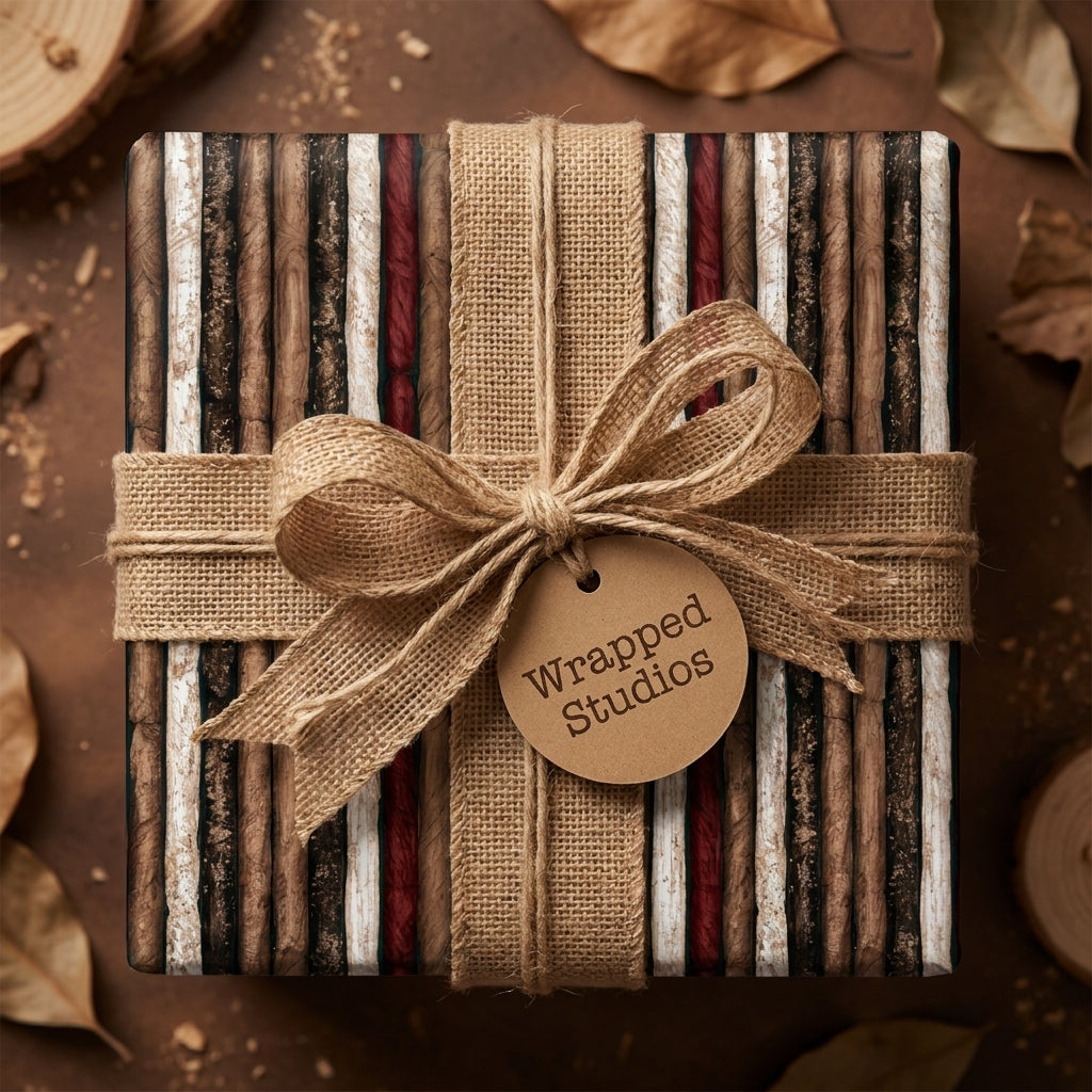 Rustic striped wrapping paper with a burlap bow and Wrapped Studios gift tag.