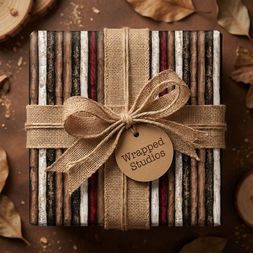 Rustic striped wrapping paper with a burlap bow and Wrapped Studios gift tag.