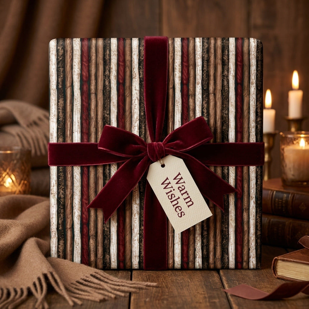 Rustic striped Christmas wrapping paper with a burgundy velvet bow by Wrapped Studios.