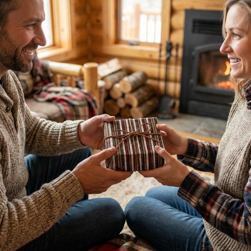 Rustic striped wrapping paper with twine bow on gift exchanged by cozy cabin fireplace. Wrapped Studios.