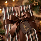Rustic Christmas wrapping paper with wood stripe pattern, brown satin bow and tag by Wrapped Studios.