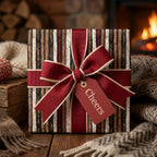 Rustic Christmas gift wrap with birch wood stripes and red ribbon bow by Wrapped Studios.