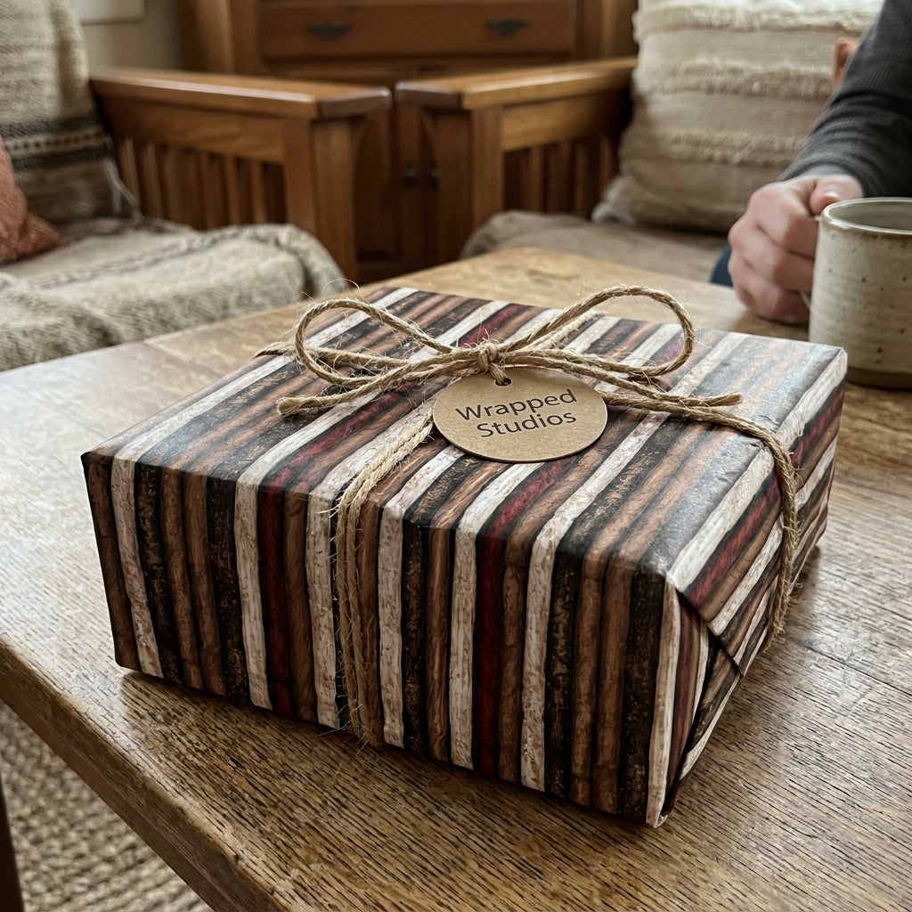 Rustic brown striped wrapping paper on a gift box with a twine bow, by Wrapped Studios.