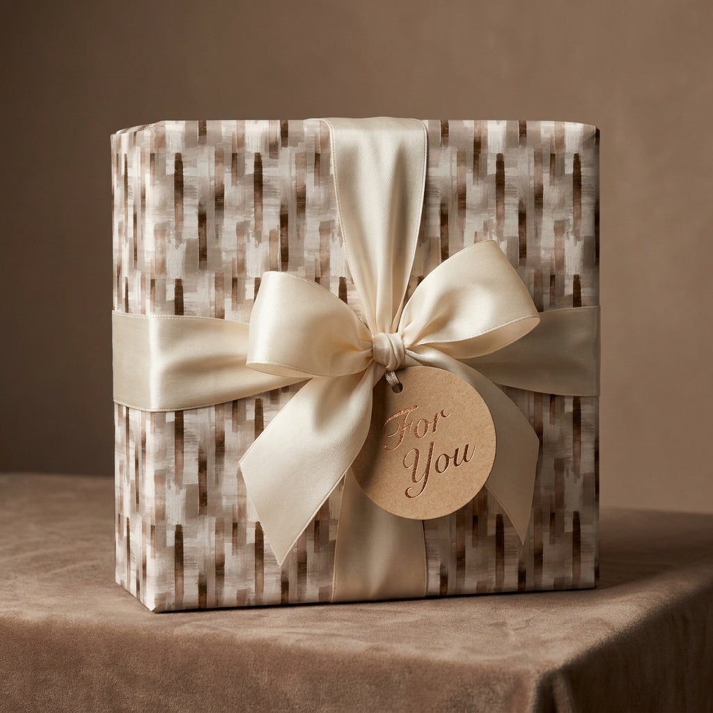 Luxury neutral wrapping paper with cream satin bow and 'For You' tag, by Wrapped Studios.
