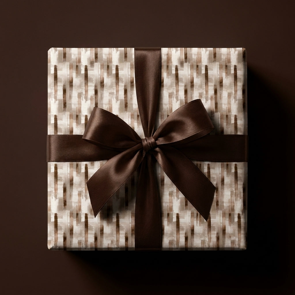 Modern brown abstract wrapping paper with satin bow, luxury neutral gift wrap by Wrapped Studios.