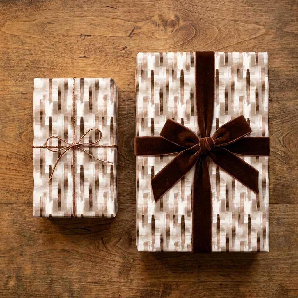 Luxury neutral wrapping paper with elegant brown velvet ribbon by Wrapped Studios.