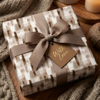Modern neutral wrapping paper with a taupe ribbon and "With Love" tag by Wrapped Studios.