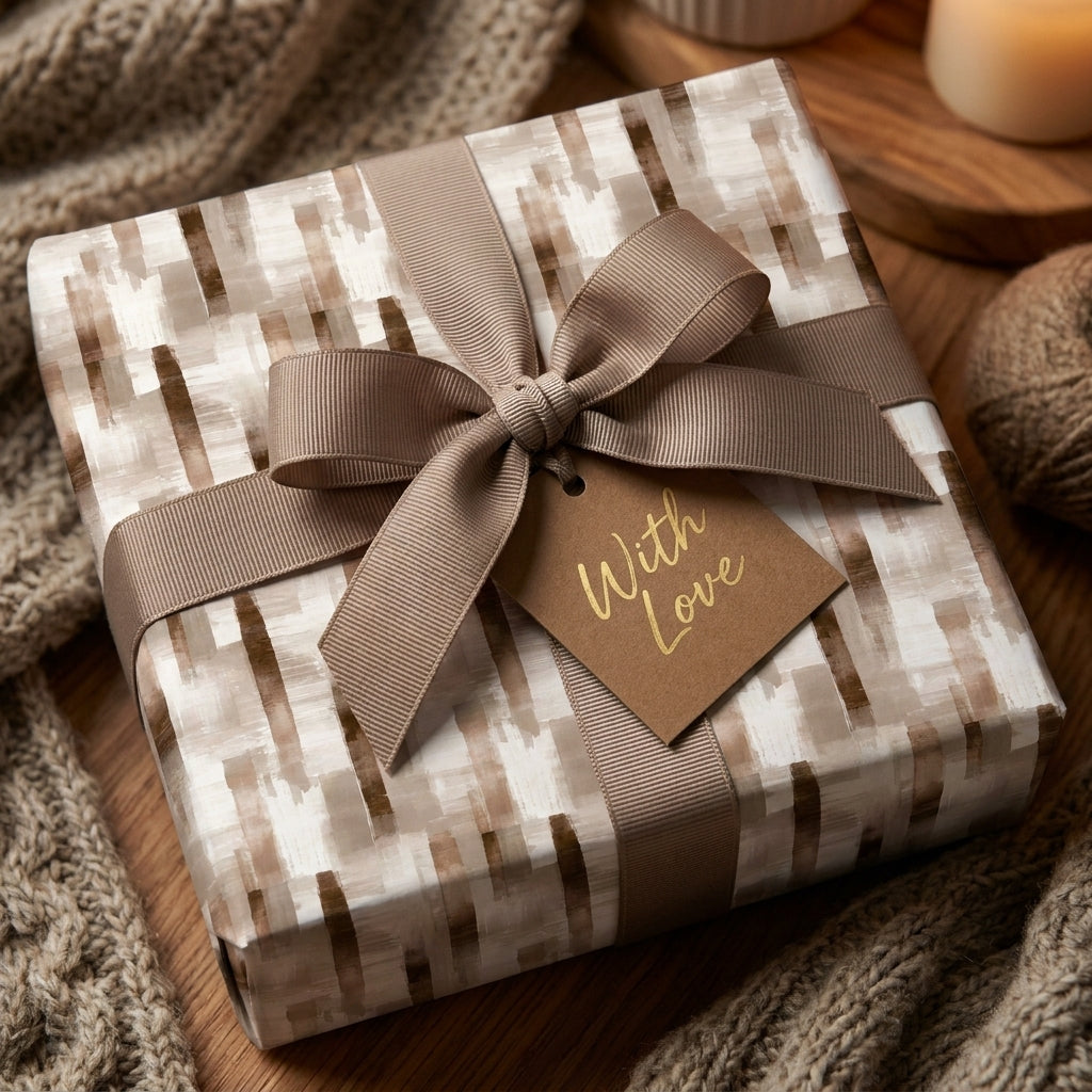 Modern neutral wrapping paper with a taupe ribbon and "With Love" tag by Wrapped Studios.