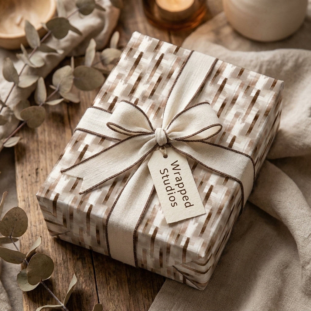 Luxury neutral wrapping paper with a modern brown pattern and cream ribbon, styled by Wrapped Studios.