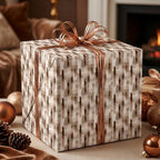 Luxury neutral Christmas wrapping paper with bronze abstract pattern and metallic bow by Wrapped Studios.