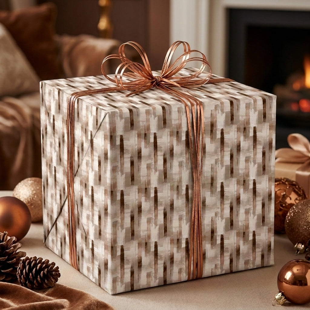 Luxury neutral Christmas wrapping paper with bronze abstract pattern and metallic bow by Wrapped Studios.